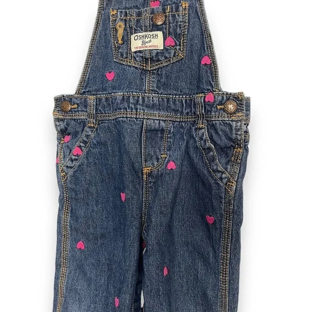 Oshkosh B'gosh Bib Overalls Baby Girls 12 Months Embroidered Hearts Adjustable